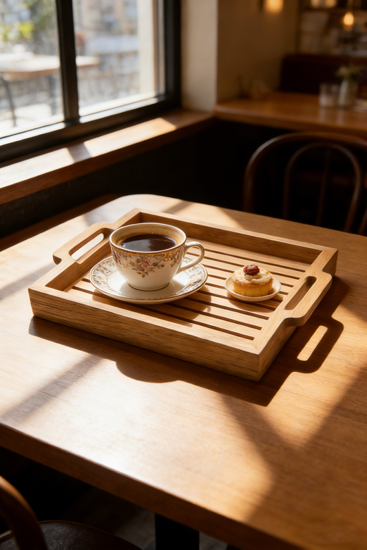 Wooden Tray with Handle and Striped Design