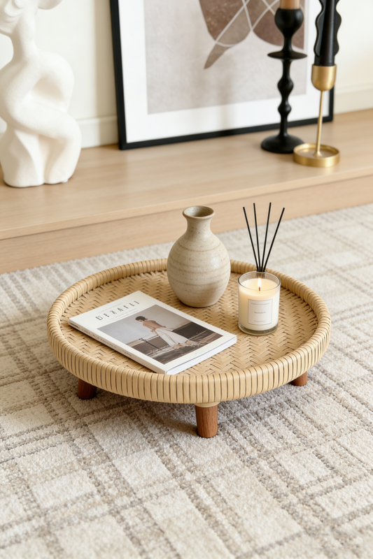 Woven Rattan Round Tray With Legs